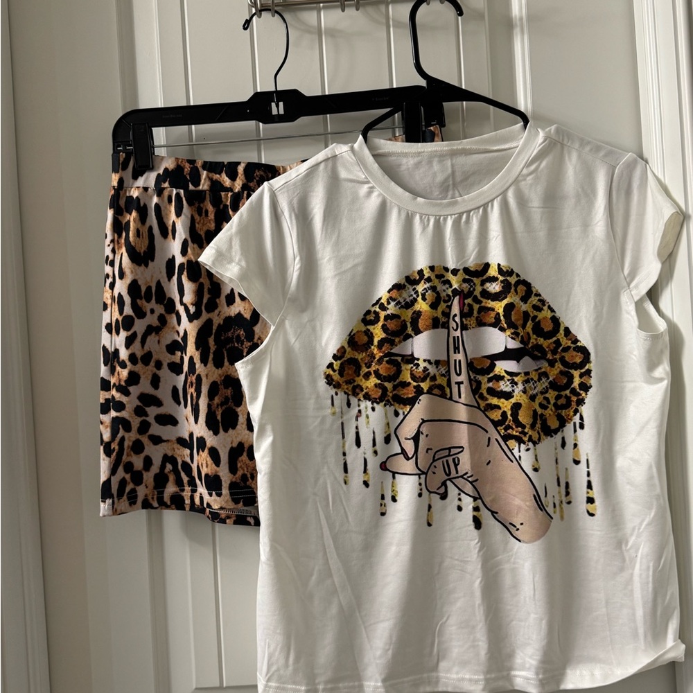 SHEIN White Tee with Leopard Lip Print and Leopard Mini Skirt